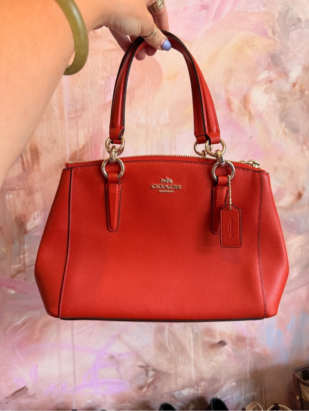 Coach Orange Red Pebbled Leather Satchel with Gold Hardware